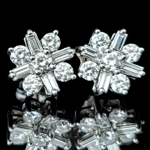 Vintage Diamonds 14k White Gold Baguette & Round Cut Stud Earrings Estate Gift