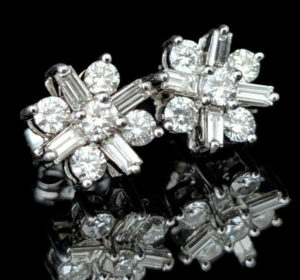 Vintage Diamonds 14k White Gold Baguette & Round Cut Stud Earrings Estate Gift