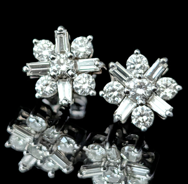 Vintage Diamonds 14k White Gold Baguette & Round Cut Stud Earrings Estate Gift