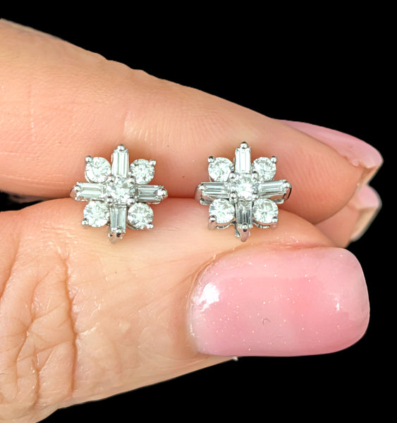 Vintage Diamonds 14k White Gold Baguette & Round Cut Stud Earrings Estate Gift