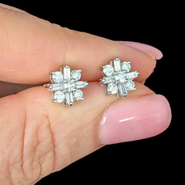 Vintage Diamonds 14k White Gold Baguette & Round Cut Stud Earrings Estate Gift