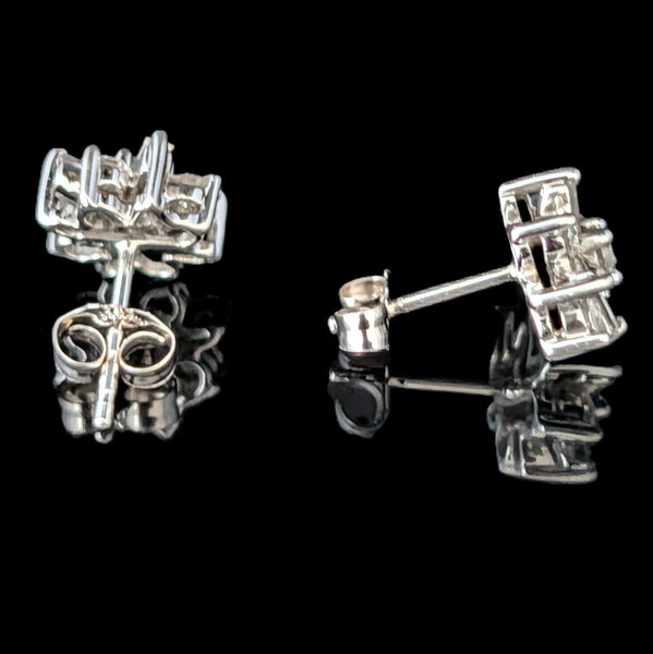 Vintage Diamonds 14k White Gold Baguette & Round Cut Stud Earrings Estate Gift