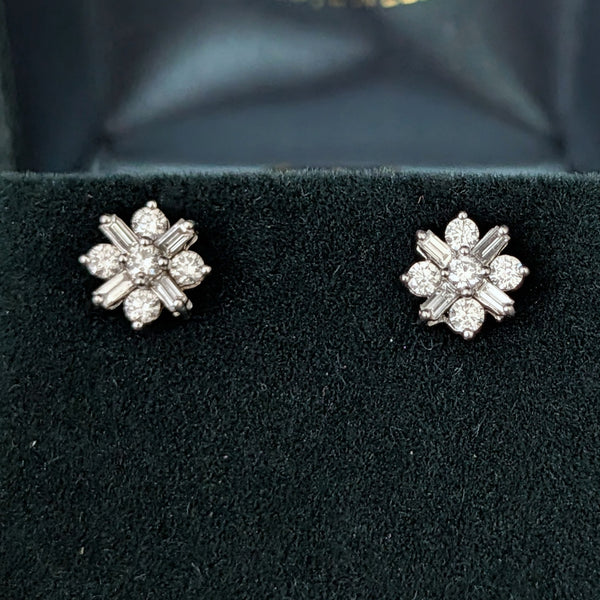Vintage Diamonds 14k White Gold Baguette & Round Cut Stud Earrings Estate Gift