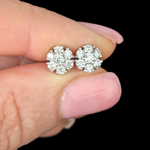 Vintage Diamonds 14k White Gold Halo Cluster Earrings Screw Back Posts Retro