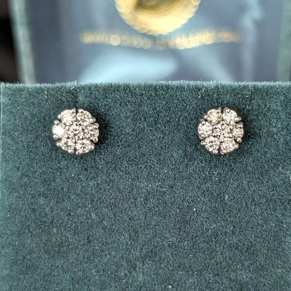 Vintage Diamonds 14k White Gold Halo Cluster Earrings Screw Back Posts Retro