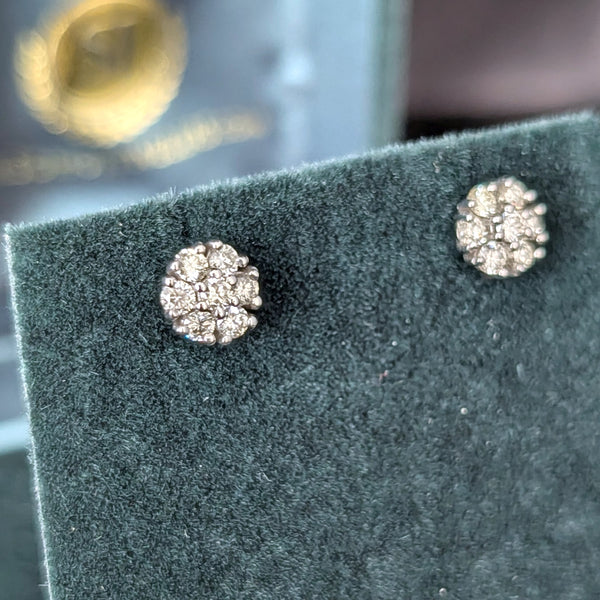Vintage Diamonds 14k White Gold Halo Cluster Earrings Screw Back Posts Retro