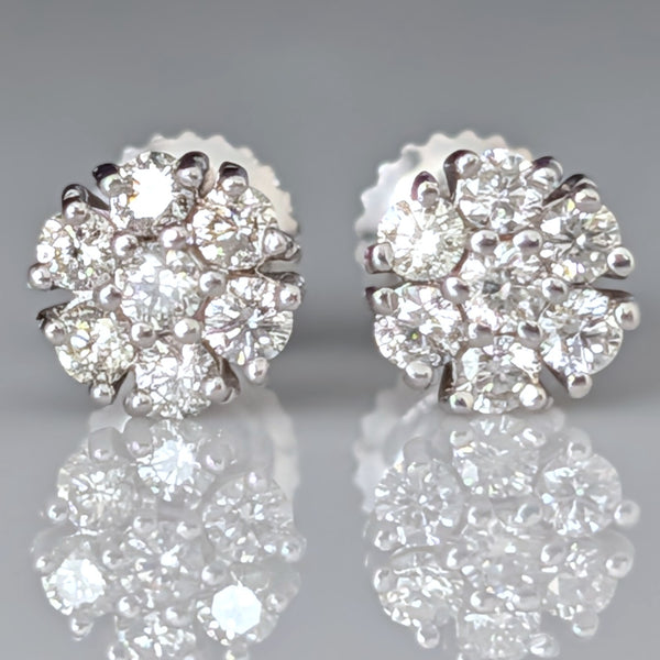 Vintage Diamonds 14k White Gold Halo Cluster Earrings Screw Back Posts Retro
