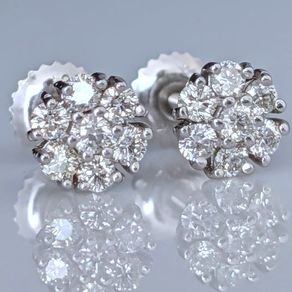 Vintage Diamonds 14k White Gold Halo Cluster Earrings Screw Back Posts Retro