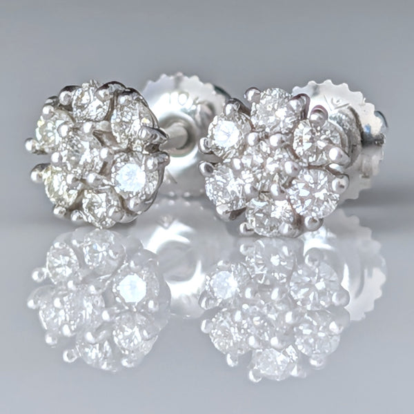 Vintage Diamonds 14k White Gold Halo Cluster Earrings Screw Back Posts Retro