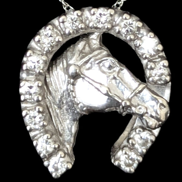 Vintage Diamonds 14k White Gold Horse Shoe Pendant Chain Luck Equestrian Cowboy