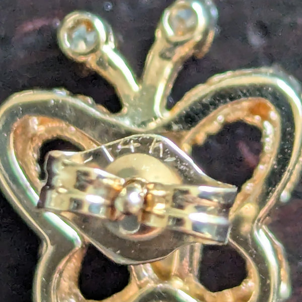 Vintage Diamonds 14k Yellow Gold Butterfly Earrings Retro Posts Estate Jewelry hallmark