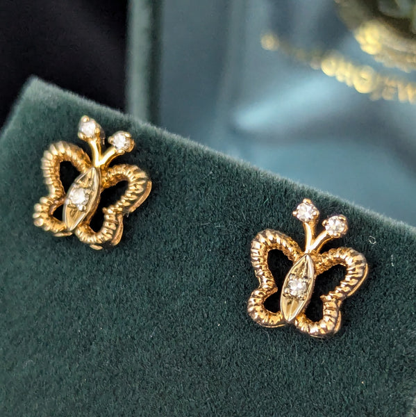 Vintage Diamonds 14k Yellow Gold Butterfly Earrings Retro Posts Estate Jewelry