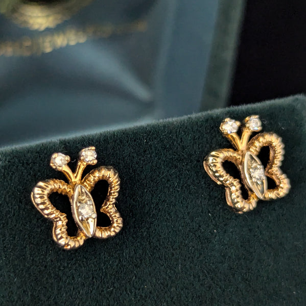 Vintage Diamonds 14k Yellow Gold Butterfly Earrings Retro Posts Estate Jewelry