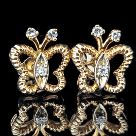 Vintage Diamonds 14k Yellow Gold Butterfly Earrings Retro Posts Estate Jewelry