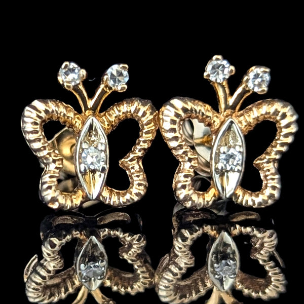 Vintage Diamonds 14k Yellow Gold Butterfly Earrings Retro Posts Estate Jewelry