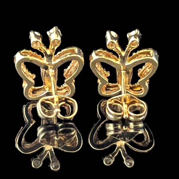 Vintage Diamonds 14k Yellow Gold Butterfly Earrings Retro Posts Estate Jewelry