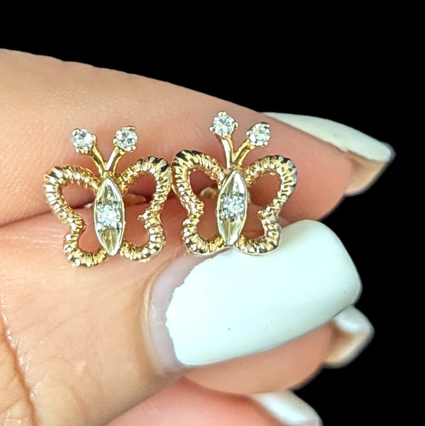Vintage Diamonds 14k Yellow Gold Butterfly Earrings Retro Posts Estate Jewelry