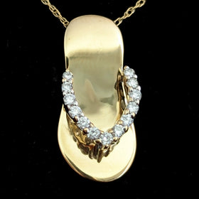 Diamonds 14k Yellow Gold Flip Flop Pendant Chain Estate Travel Beach By ADPG Albert David Pearls & Gems
