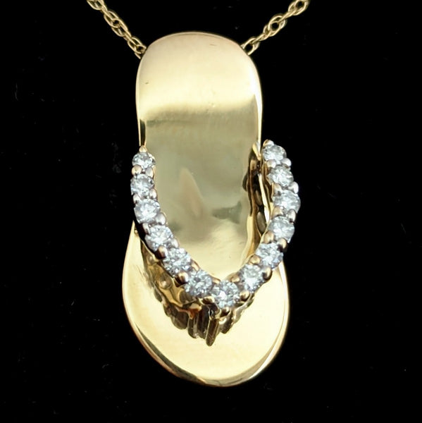 Diamonds 14k Yellow Gold Flip Flop Pendant Chain Estate Travel Beach By ADPG Albert David Pearls & Gems