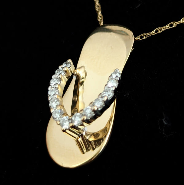Diamonds 14k Yellow Gold Flip Flop Pendant Chain Estate Travel Beach By ADPG Albert David Pearls & Gems