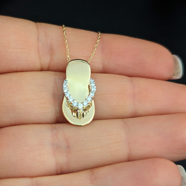 Diamonds 14k Yellow Gold Flip Flop Pendant Chain Estate Travel Beach By ADPG Albert David Pearls & Gems