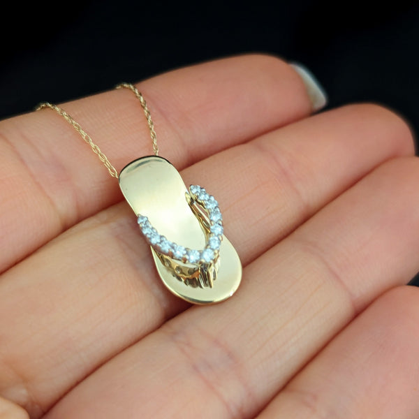 Diamonds 14k Yellow Gold Flip Flop Pendant Chain Estate Travel Beach By ADPG Albert David Pearls & Gems