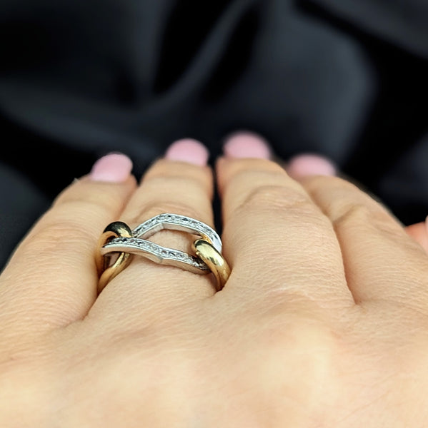 Vintage Diamonds 14k Yellow White Gold Link Ring Band Estate Retro Mid Century 