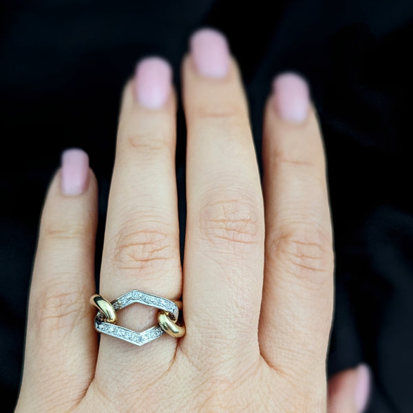 Vintage Diamonds 14k Yellow White Gold Link Ring Band Estate Retro Mid Century 