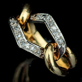 Vintage Diamonds 14k Yellow White Gold Link Ring Band Estate Retro Mid Century 