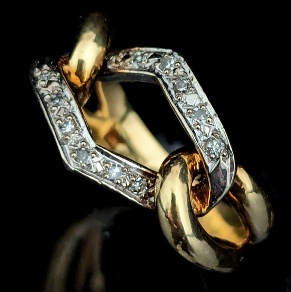 Vintage Diamonds 14k Yellow White Gold Link Ring Band Estate Retro Mid Century 