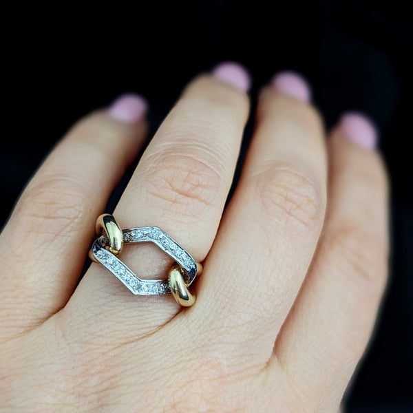 Vintage Diamonds 14k Yellow White Gold Link Ring Band Estate Retro Mid Century 