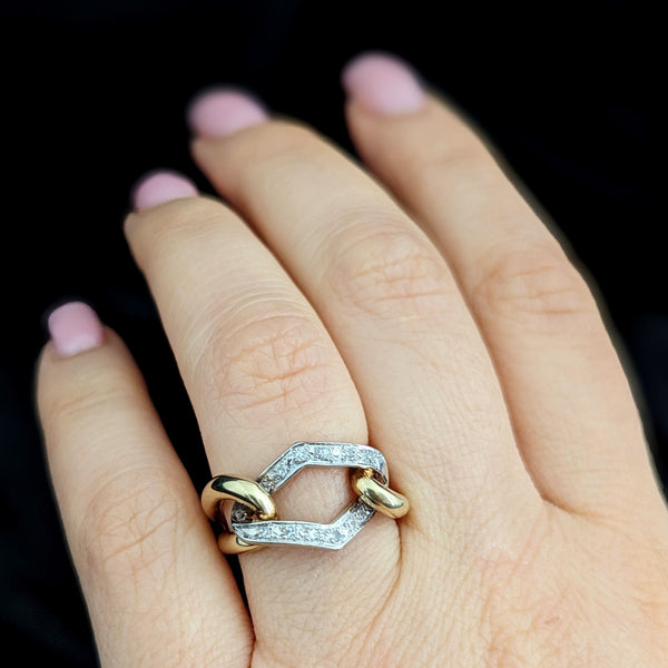 Vintage Diamonds 14k Yellow White Gold Link Ring Band Estate Retro Mid Century 