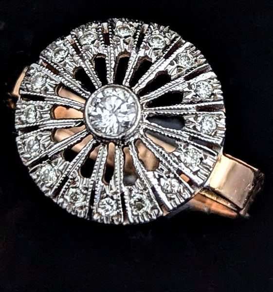 Vintage Diamonds 14k Yellow White Gold Dinner Ring Cocktail Estate Retro Gift 