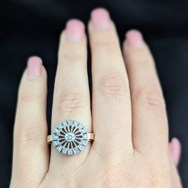 Vintage Diamonds 14k Yellow White Gold Dinner Ring Cocktail Estate Retro Gift 