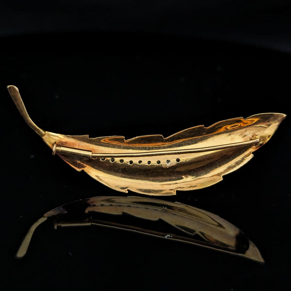 Vintage Diamonds 14k Yellow White Gold Leaf Brooch Pin Retro Mid Century Gift 
