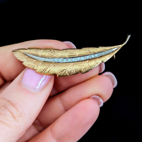 Vintage Diamonds 14k Yellow White Gold Leaf Brooch Pin Retro Mid Century Gift 