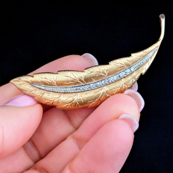 Vintage Diamonds 14k Yellow White Gold Leaf Brooch Pin Retro Mid Century Gift 