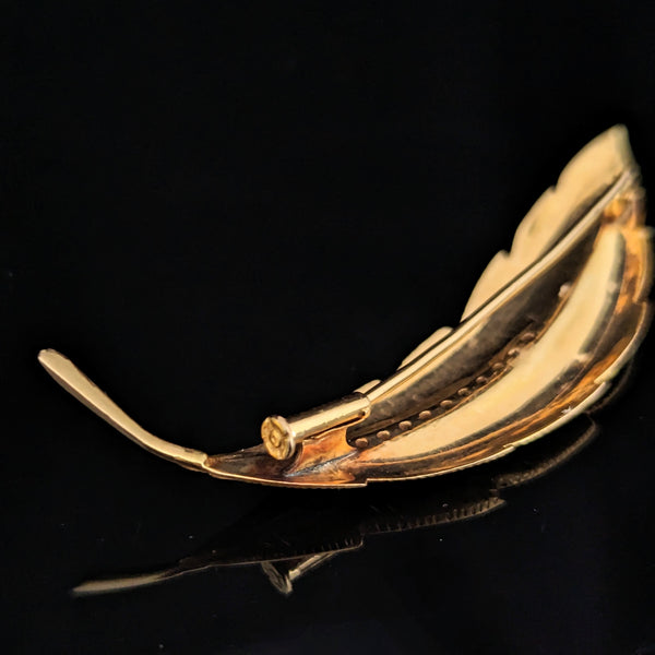 Vintage Diamonds 14k Yellow White Gold Leaf Brooch Pin Retro Mid Century Gift 
