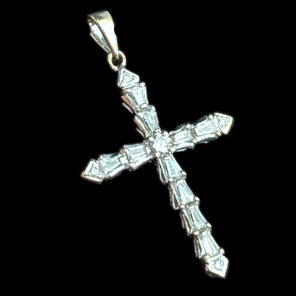 Vintage Diamonds 18k White Gold Cross Pendant Baguette & Round Cut Estate Gift 