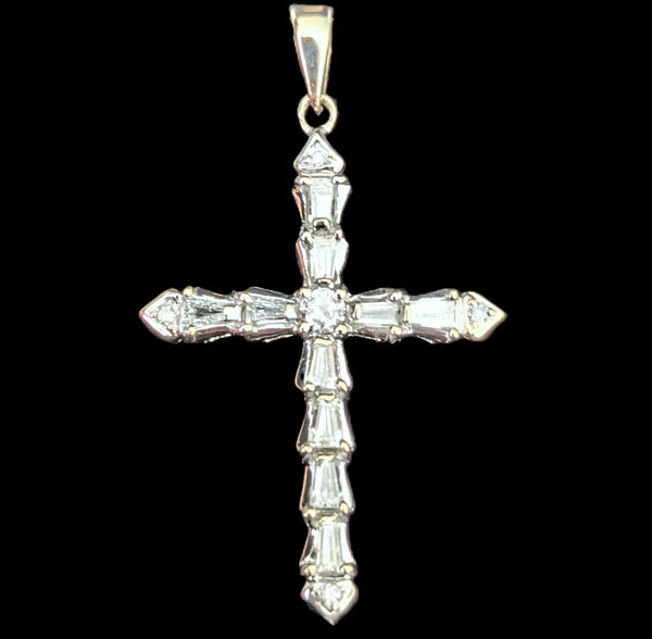 Vintage Diamonds 18k White Gold Cross Pendant Baguette & Round Cut Estate Gift 