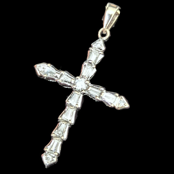 Vintage Diamonds 18k White Gold Cross Pendant Baguette & Round Cut Estate Gift 
