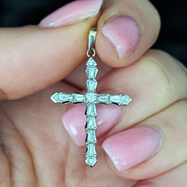Vintage Diamonds 18k White Gold Cross Pendant Baguette & Round Cut Estate Gift 