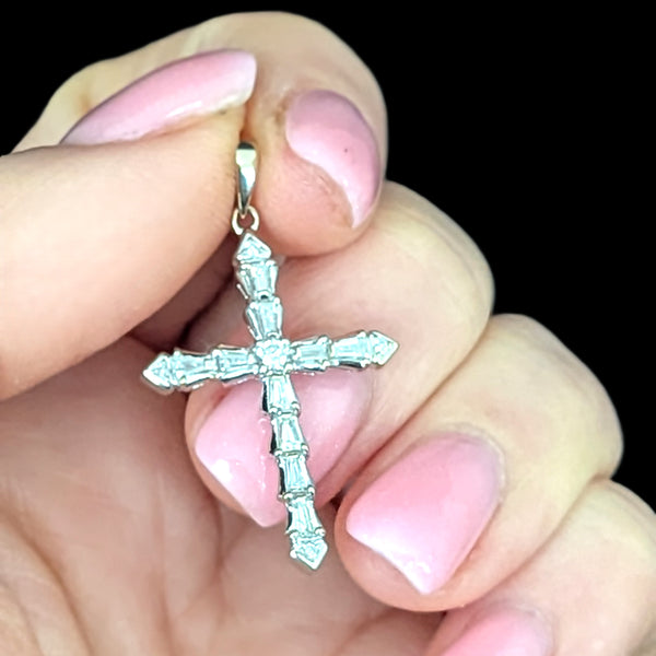 Vintage Diamonds 18k White Gold Cross Pendant Baguette & Round Cut Estate Gift 