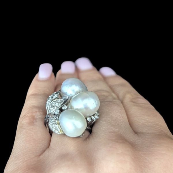Vintage Diamonds Baroque Pearls 14k White Gold Huge Cocktail Ring Estate Jewelry on hand
