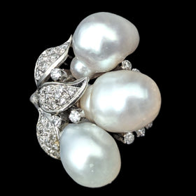 Vintage Diamonds Baroque Pearls 14k White Gold Huge Cocktail Ring Estate Jewelry