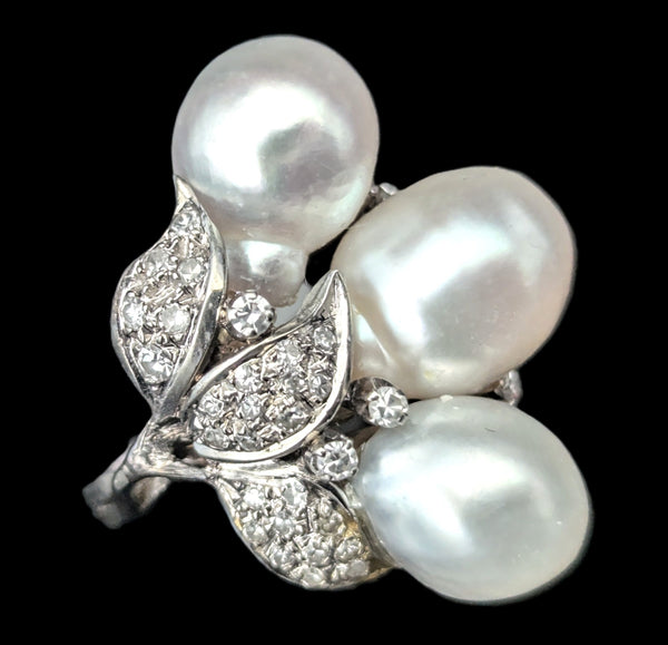 Vintage Diamonds Baroque Pearls 14k White Gold Huge Cocktail Ring Estate Jewelry
