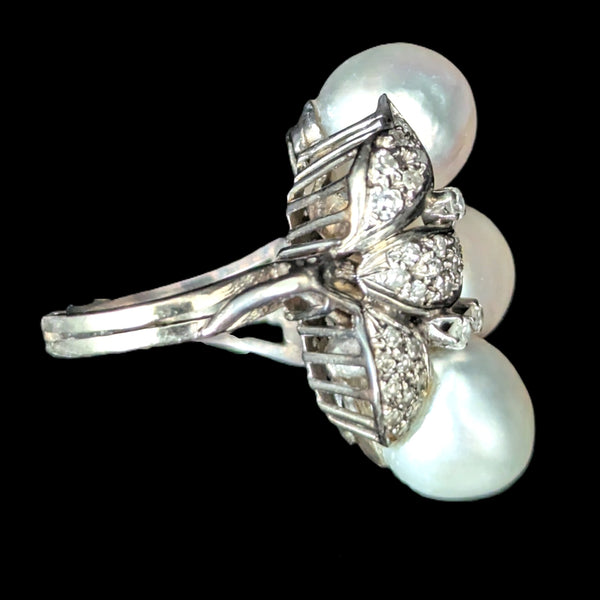 Vintage Diamonds Baroque Pearls 14k White Gold Huge Cocktail Ring Estate Jewelry