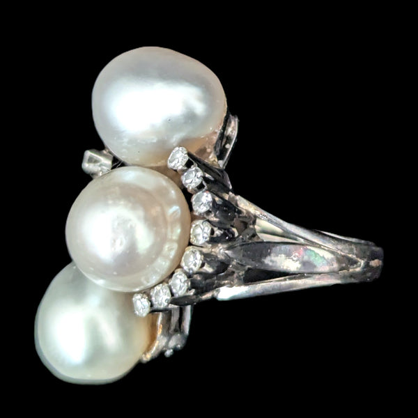 Vintage Diamonds Baroque Pearls 14k White Gold Huge Cocktail Ring Estate Jewelry