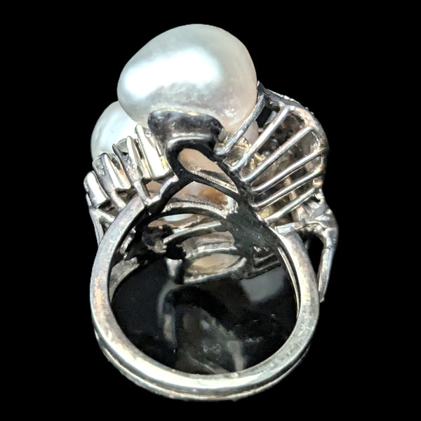 Vintage Diamonds Baroque Pearls 14k White Gold Huge Cocktail Ring Estate Jewelry