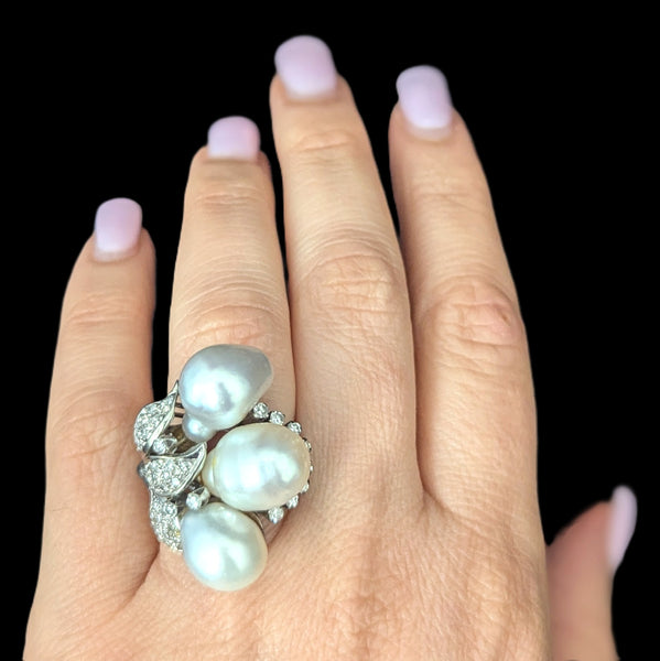 Vintage Diamonds Baroque Pearls 14k White Gold Huge Cocktail Ring Estate Jewelry on hand
